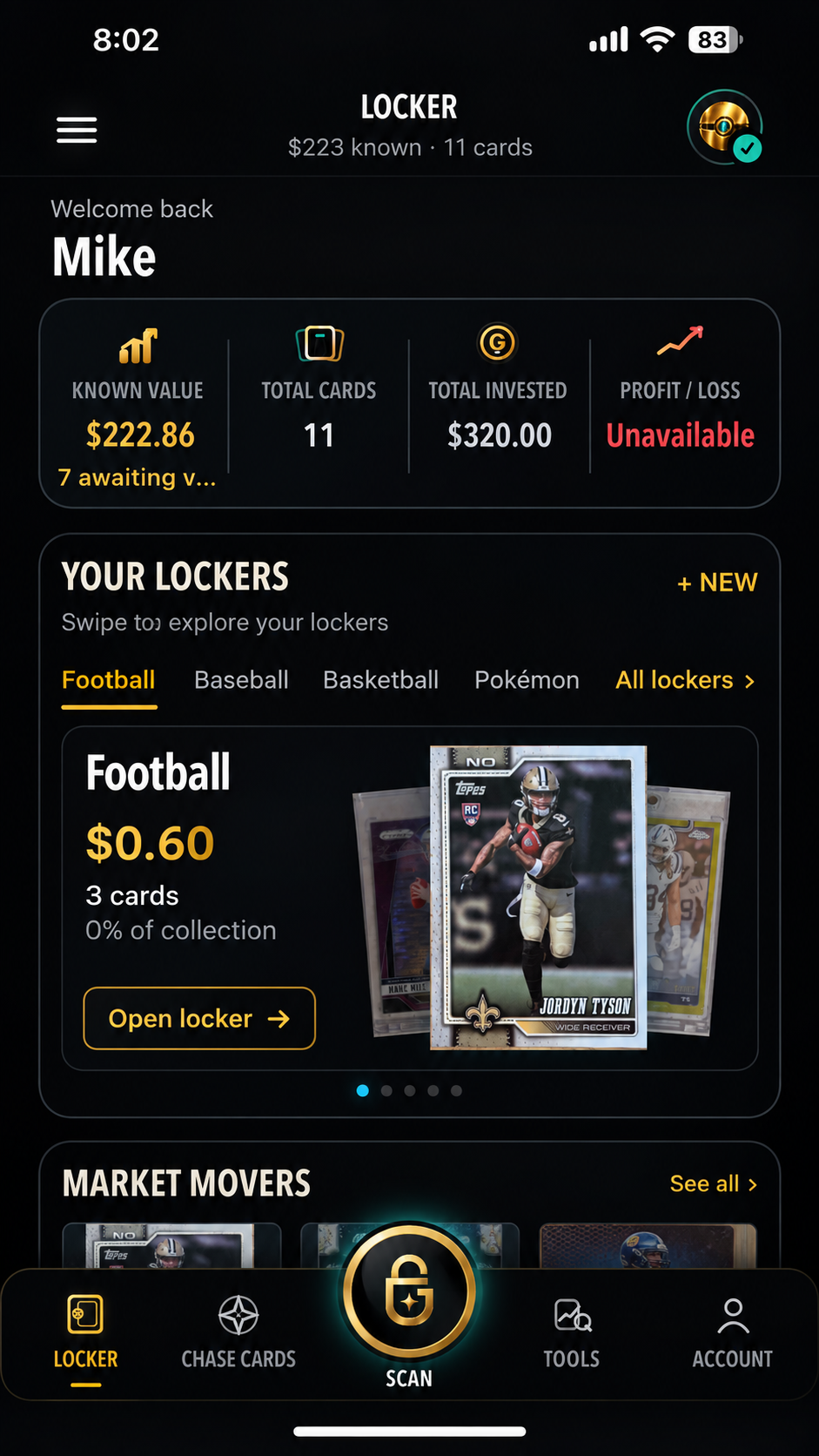 GrailLocker development preview showing collection totals and category lockers.